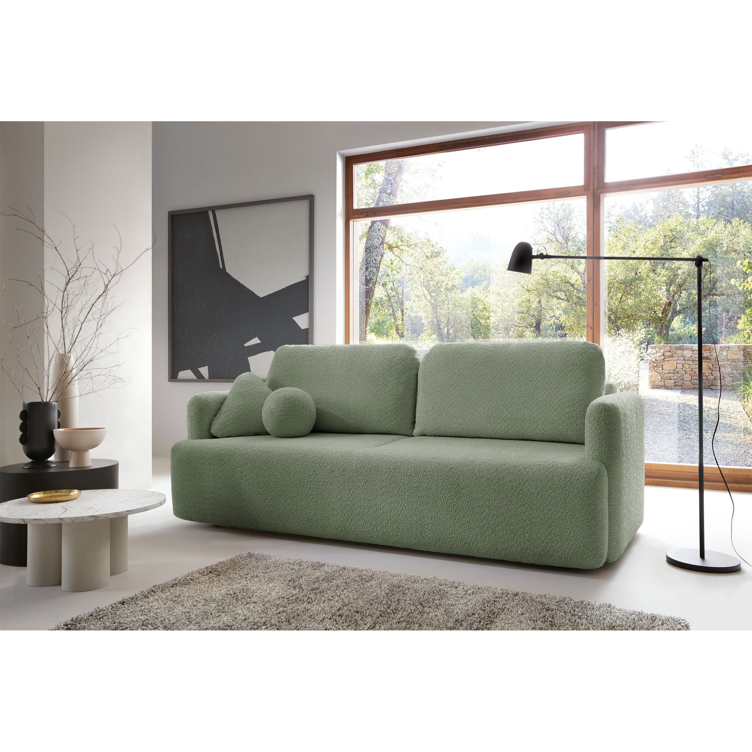 Sofa lova su daiktadėže AMBINA, žalia spalva, boucle