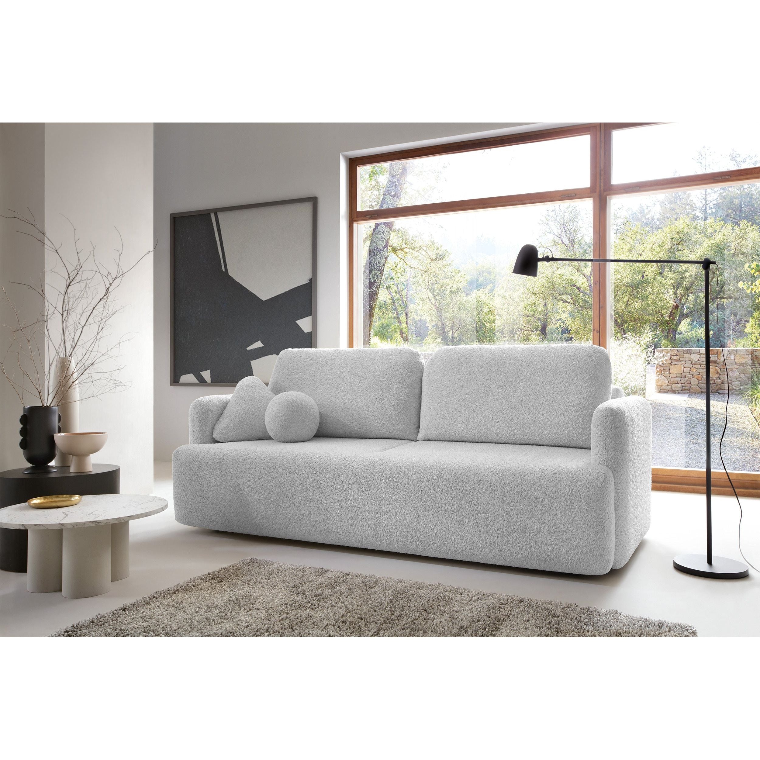 Sofa su daiktadėže AMBINA, šviesiai pilka spalva, boucle