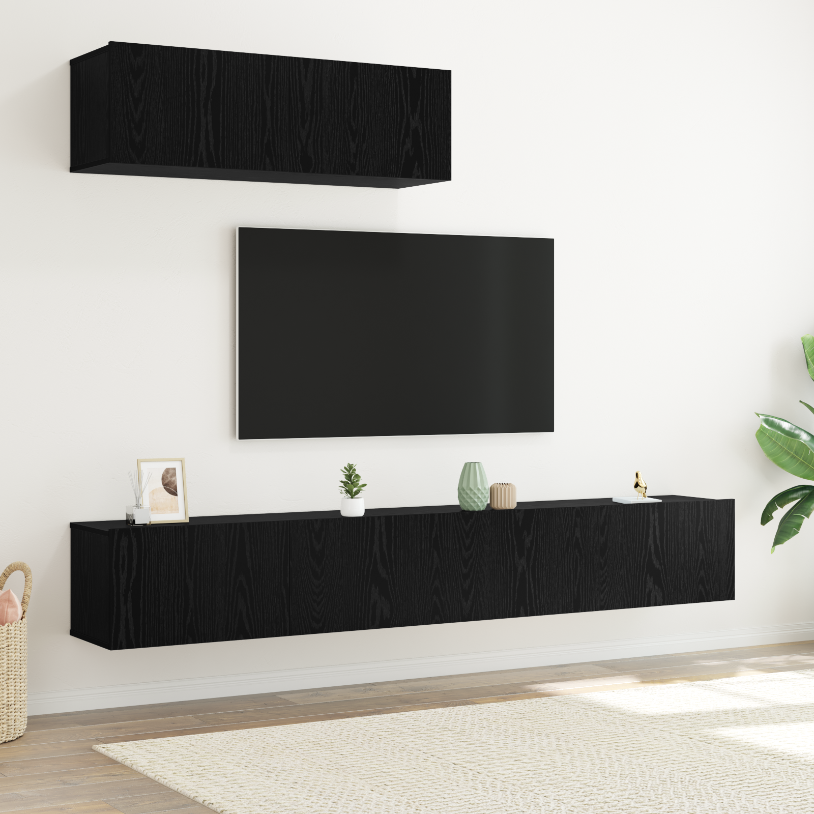 3 dalių TV spintelė, montuojama ant sienos, juodo ąžuolo inžinerinės medienos