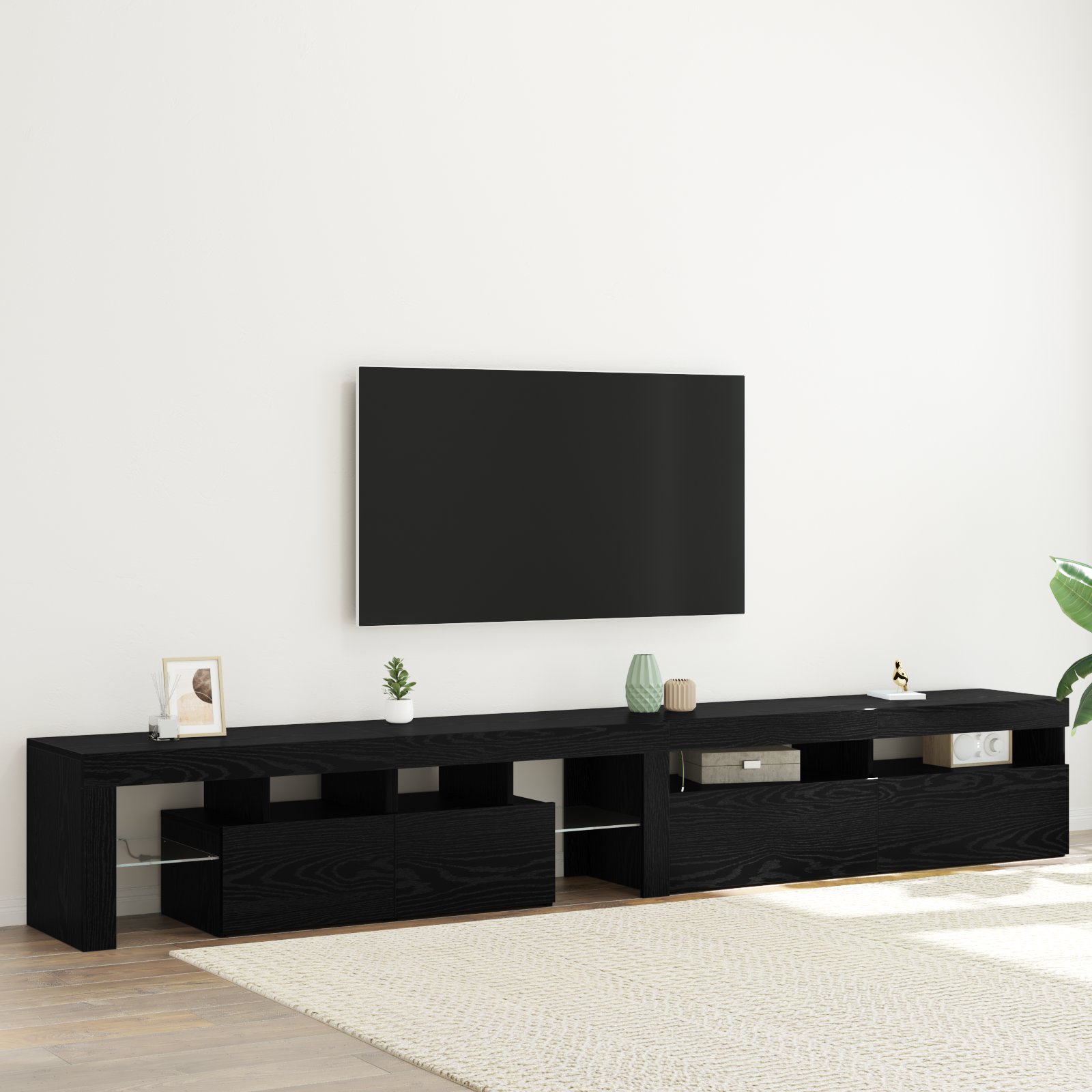 TV spintelės 2 vnt su LED šviesom juodos ąžuolo inžinerinės medienos
