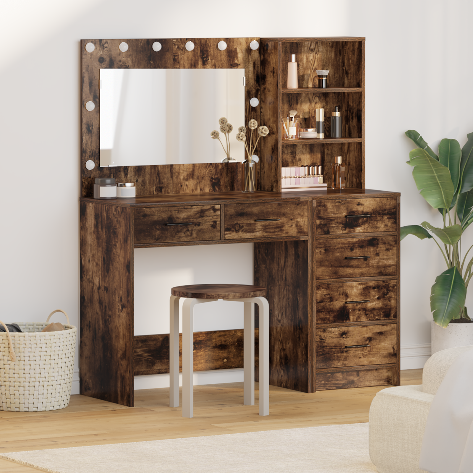 2 dalių makiažo staliuko rinkinys su LED dūminio ąžuolo inžinerine mediena