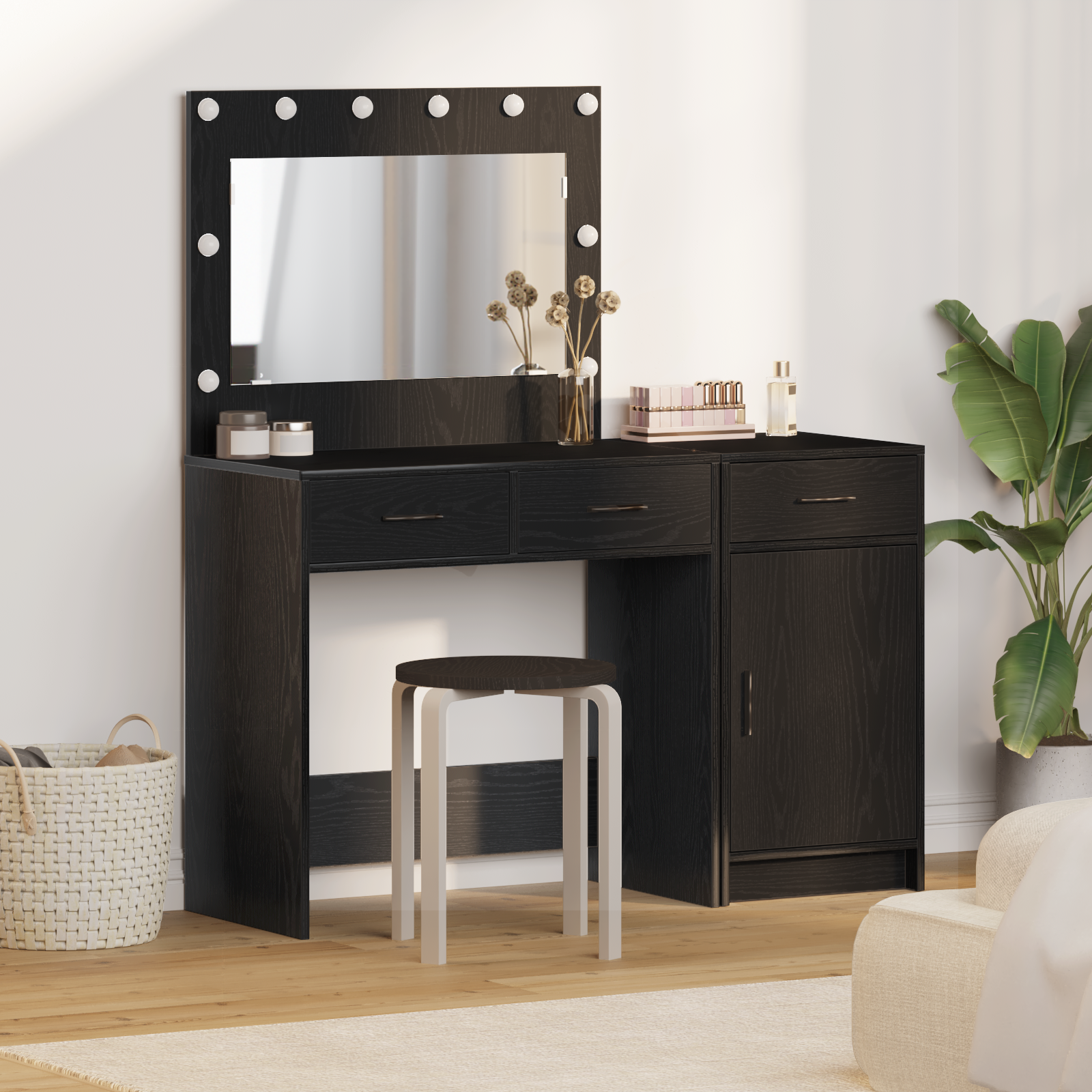 2-Piece Dressing Table with LED, Black Engineered Wood