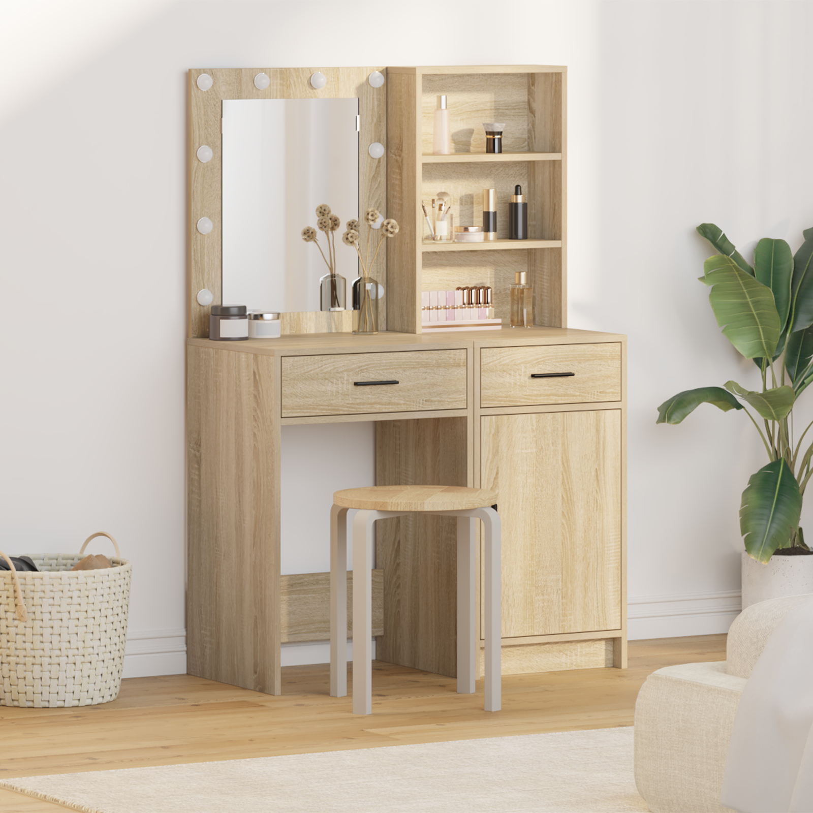 Dressing Table Set with LED 2 pcs Sonoma Oak