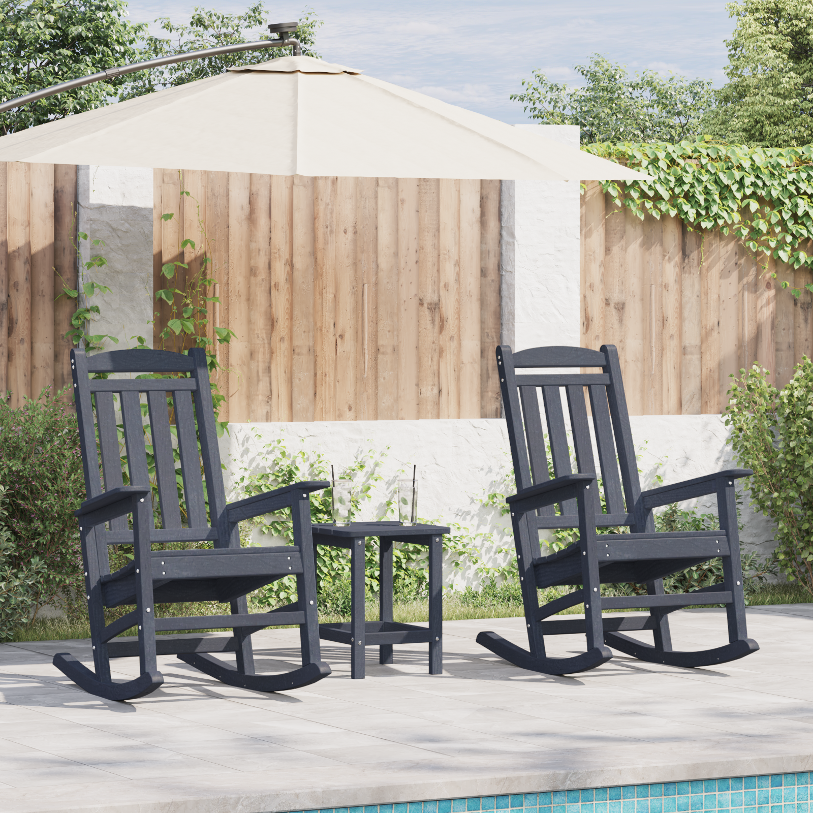 sodo sūpynės kėdės 2 vnt Tamsiai mėlyna 70x92x107.5 cm HDPE