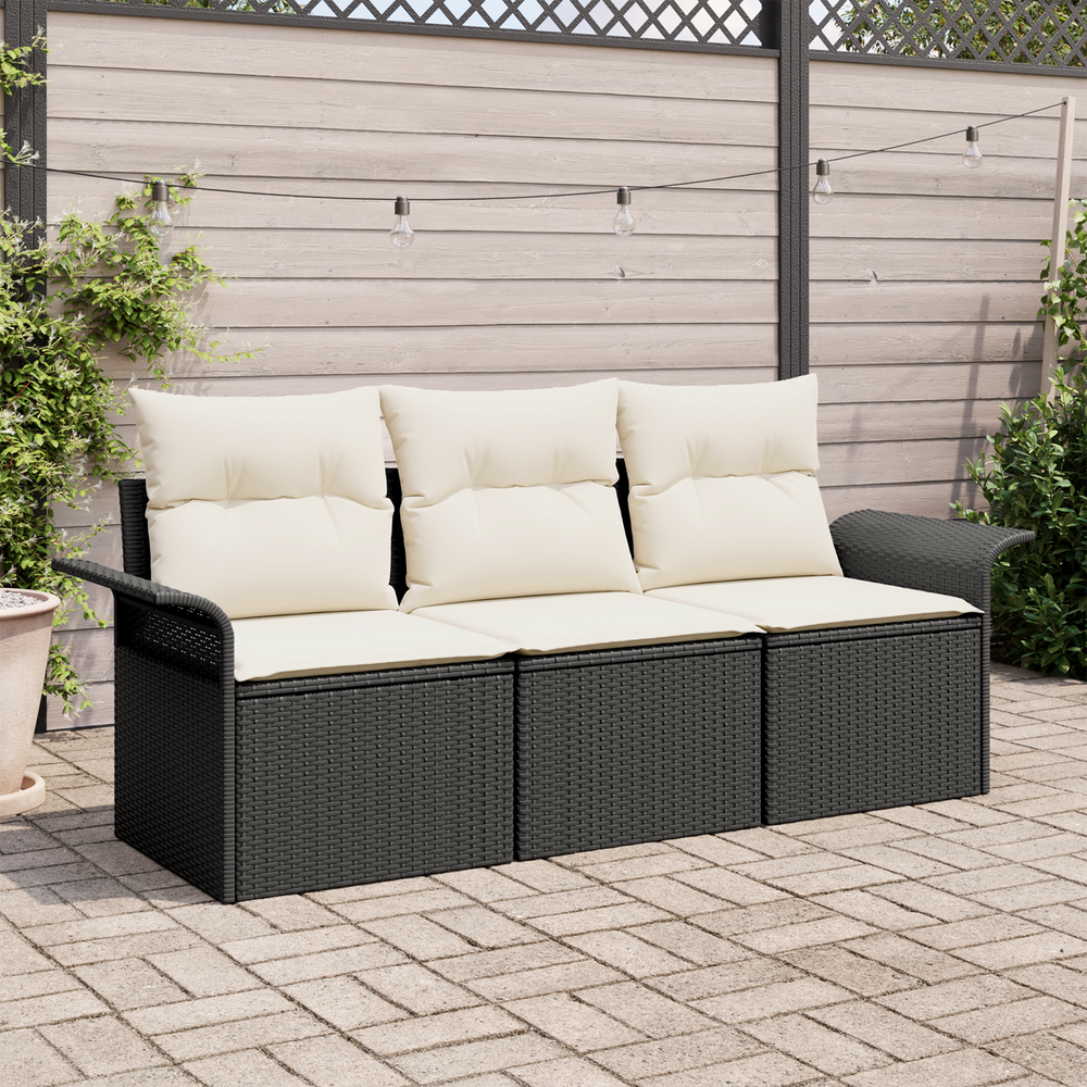 3-Piece Garden Sofa Set with Cushions - Black Poly Rattan