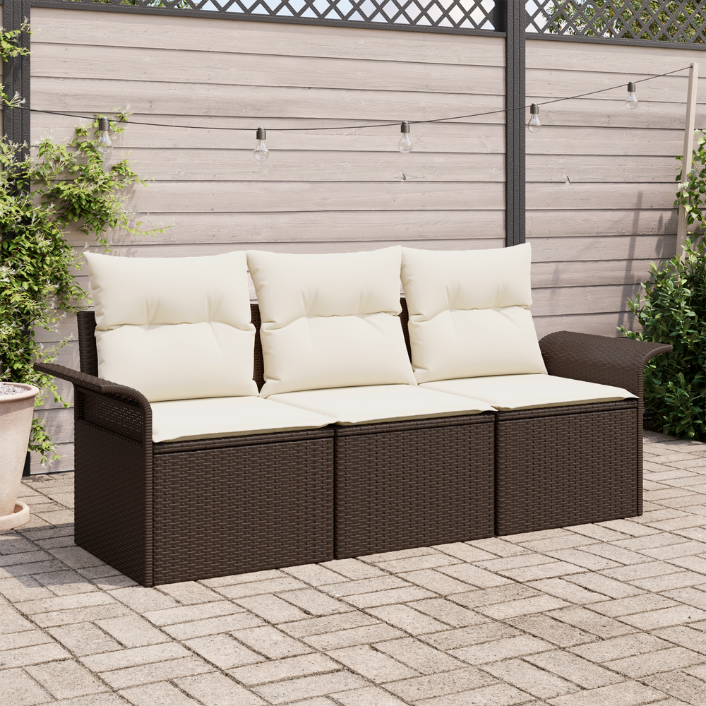 3-Piece Garden Sofa Set with Cushions - Brown Poly Rattan