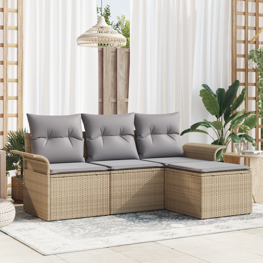4-Piece Garden Sofa Set with Cushions, Sand-Colored Poly Rattan