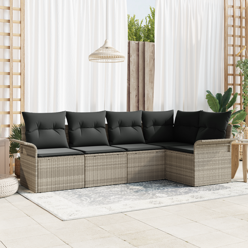 5-piece garden sofa set with cushions, light grey poly rattan.