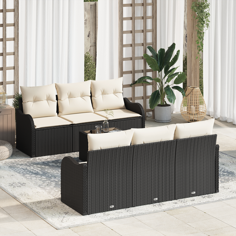 7-piece garden sofa set with cushions black poly rattan