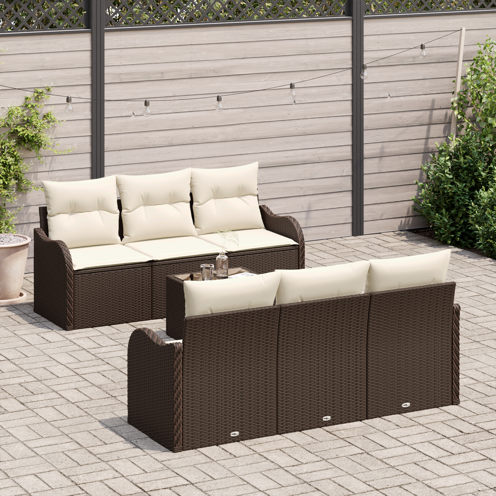 7 Piece Garden Sofa Set with Cushions Brown Poly Rattan