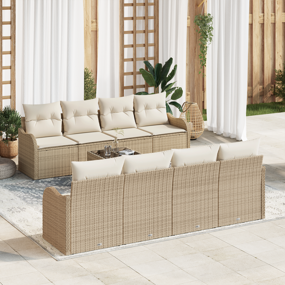 9-piece garden sofa set with cushions, Sand, poly rattan