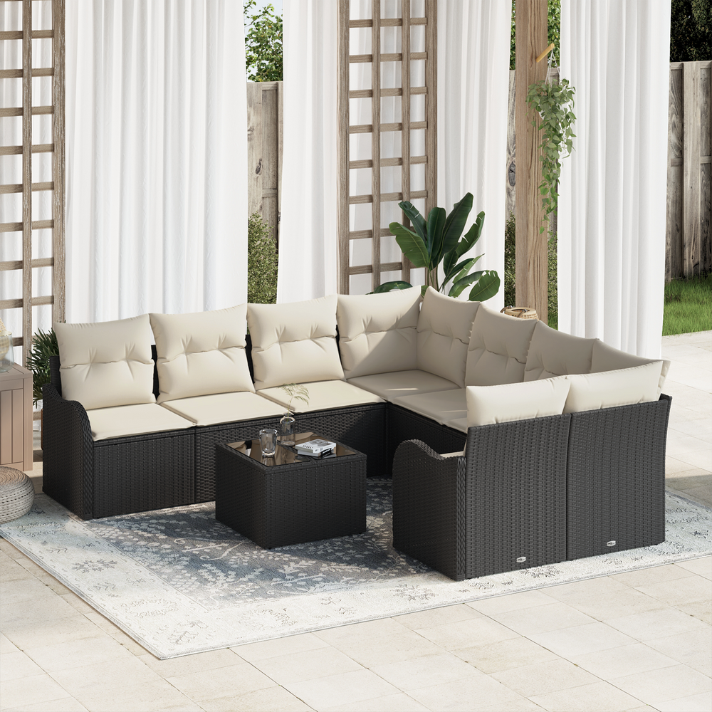 9 dalių sodo sofa rinkinys su pagalvėlėmis Juoda Poli ratanas