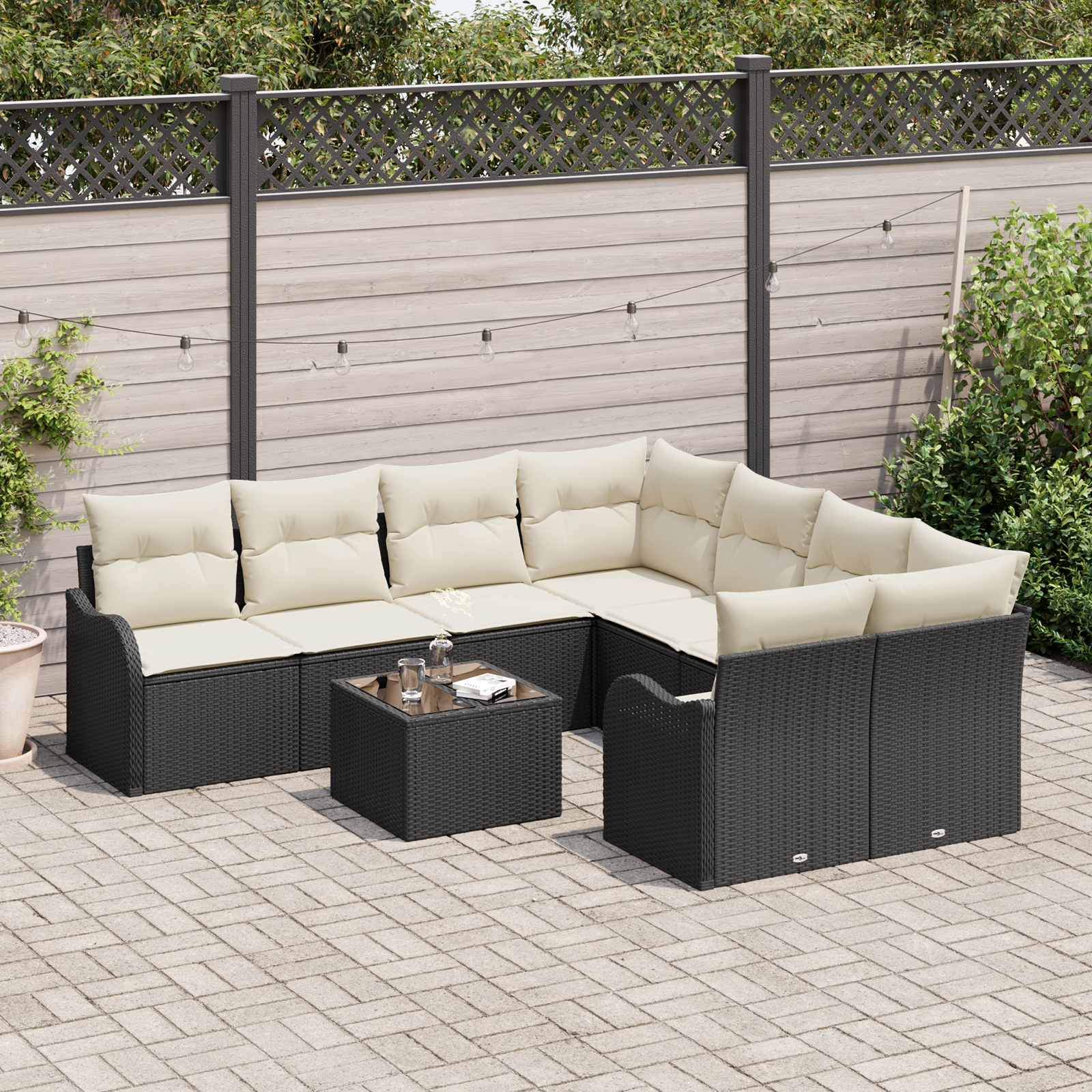9 dalių sodo sofa rinkinys su pagalvėlėmis Juoda Poli ratanas