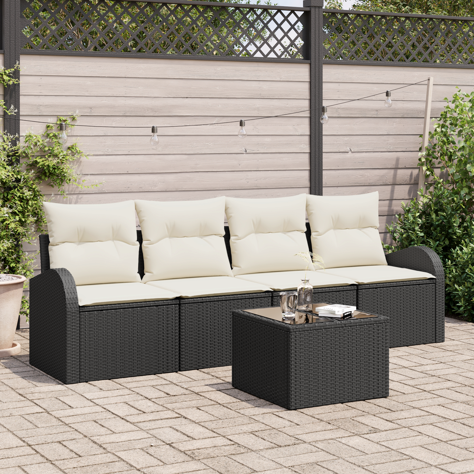 5 dalių sodo sofa rinkinys su pagalvėmis Juoda Poli ratanas