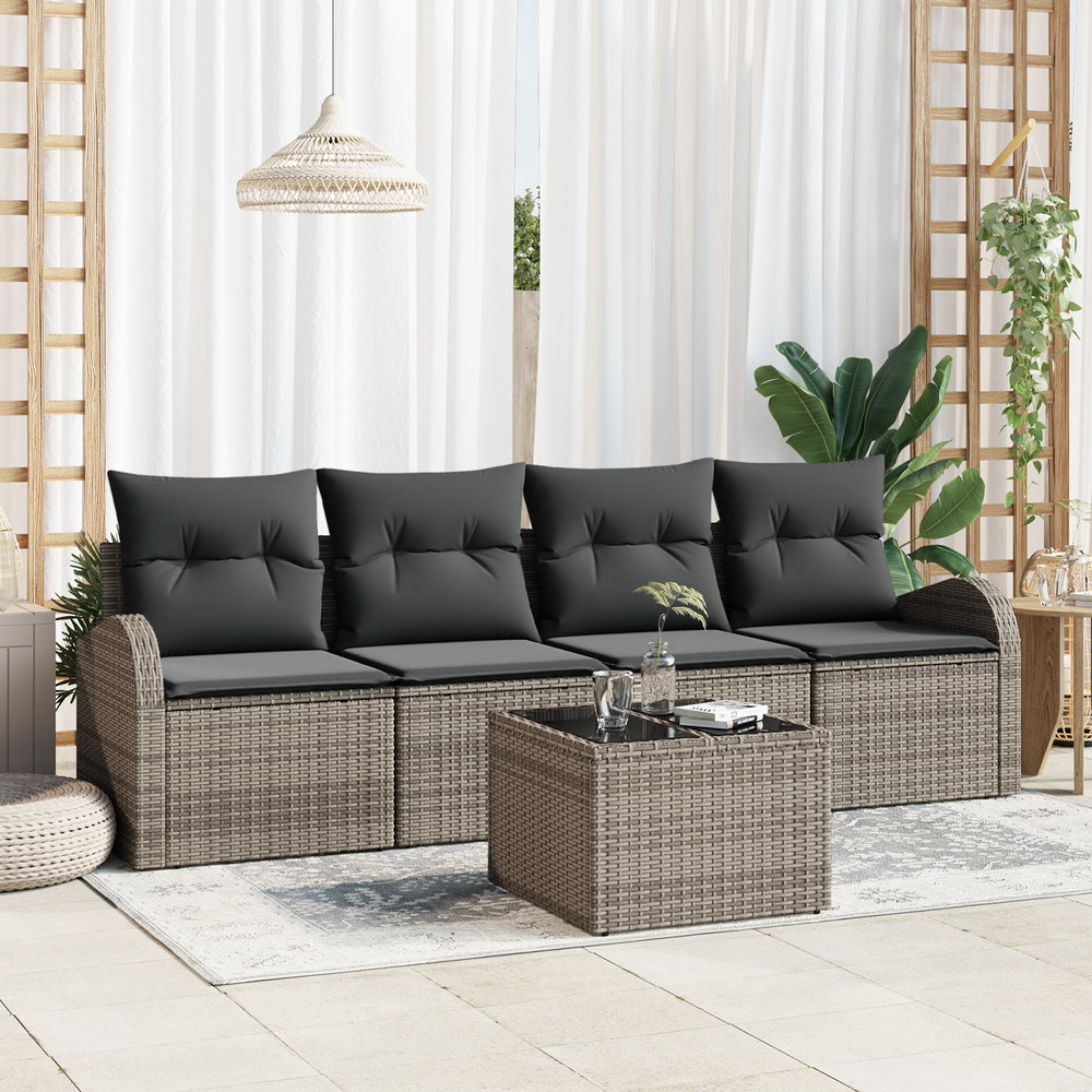 5 Piece Garden Sofa Set with Cushions Grey Poly Rattan