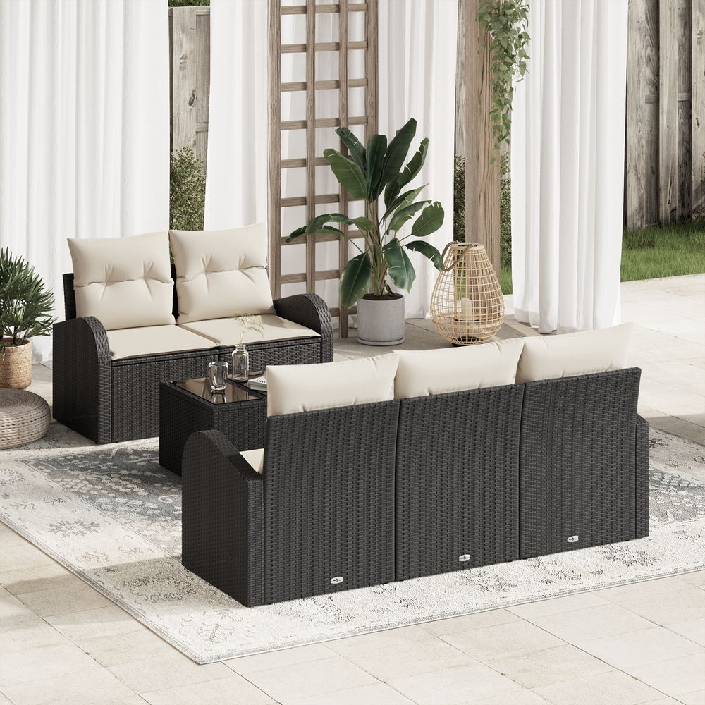 6-piece Garden Sofa Set with Cushions Black Poly Rattan