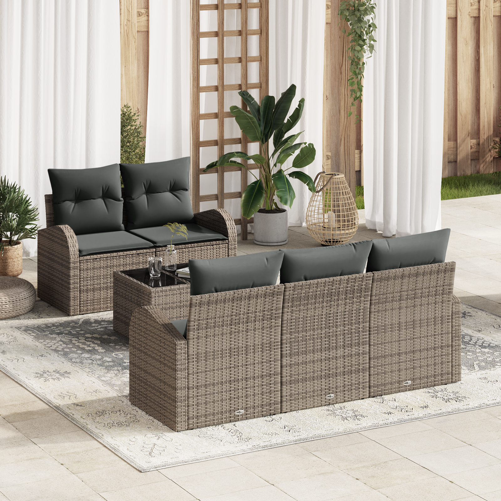 6 Dalių Sodo Sofa Komplektas su Pagalvėlėmis Pilkas Poli Ratanas