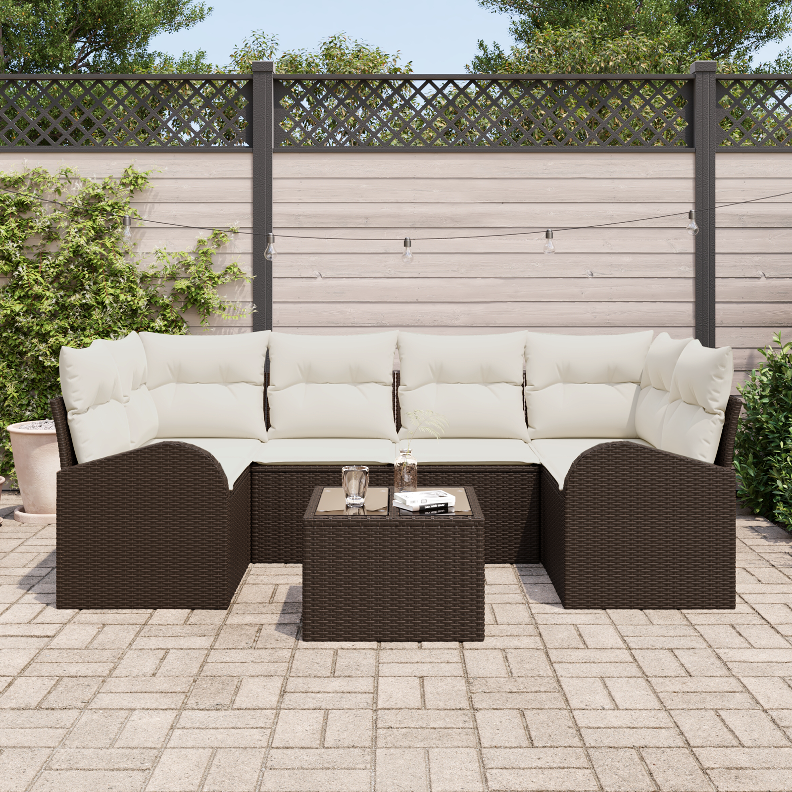 7 dalių Sodo Sofa Rinkinys su Pagalvėlėmis Ruda Poli Ratanas