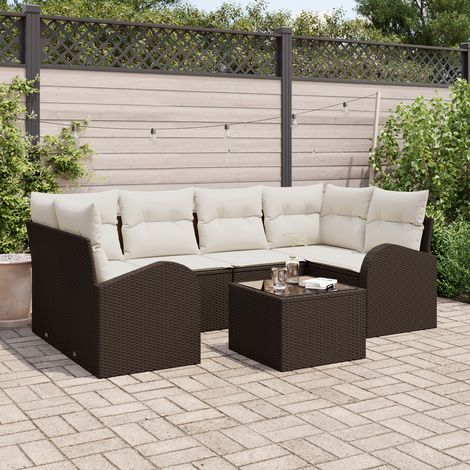 7 dalių Sodo Sofa Rinkinys su Pagalvėlėmis Ruda Poli Ratanas