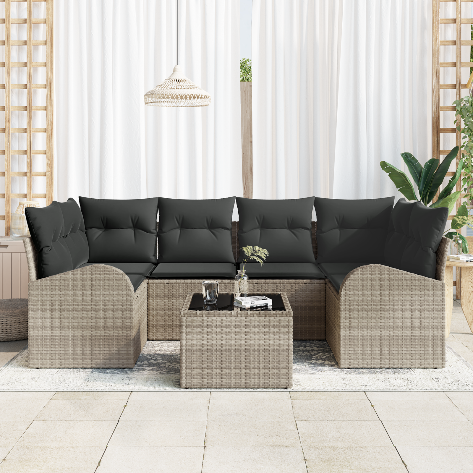 7 Dalys Sodo Sofa Rinkinys su Pagalvėmis Šviesiai Pilka Poli Ratanas