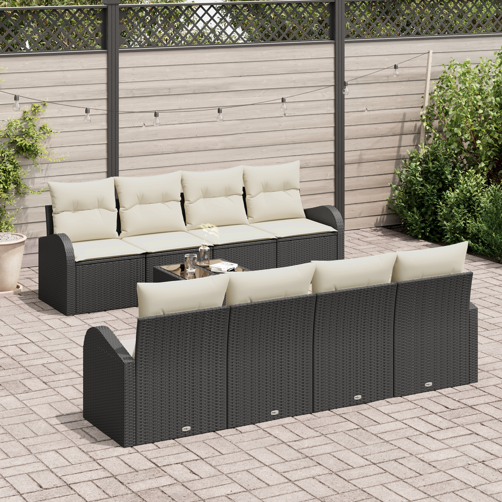 9 dalys Sodo Sofa Set su pagalvėlėmis Juoda Poliratanas