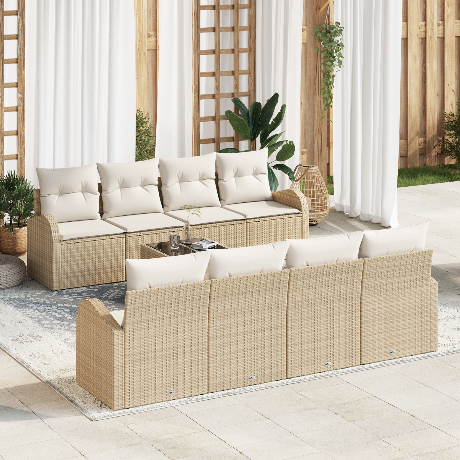 9 dalių sodo sofa komplektas su pagalvėlėmis Smėlio Poli Ratanas