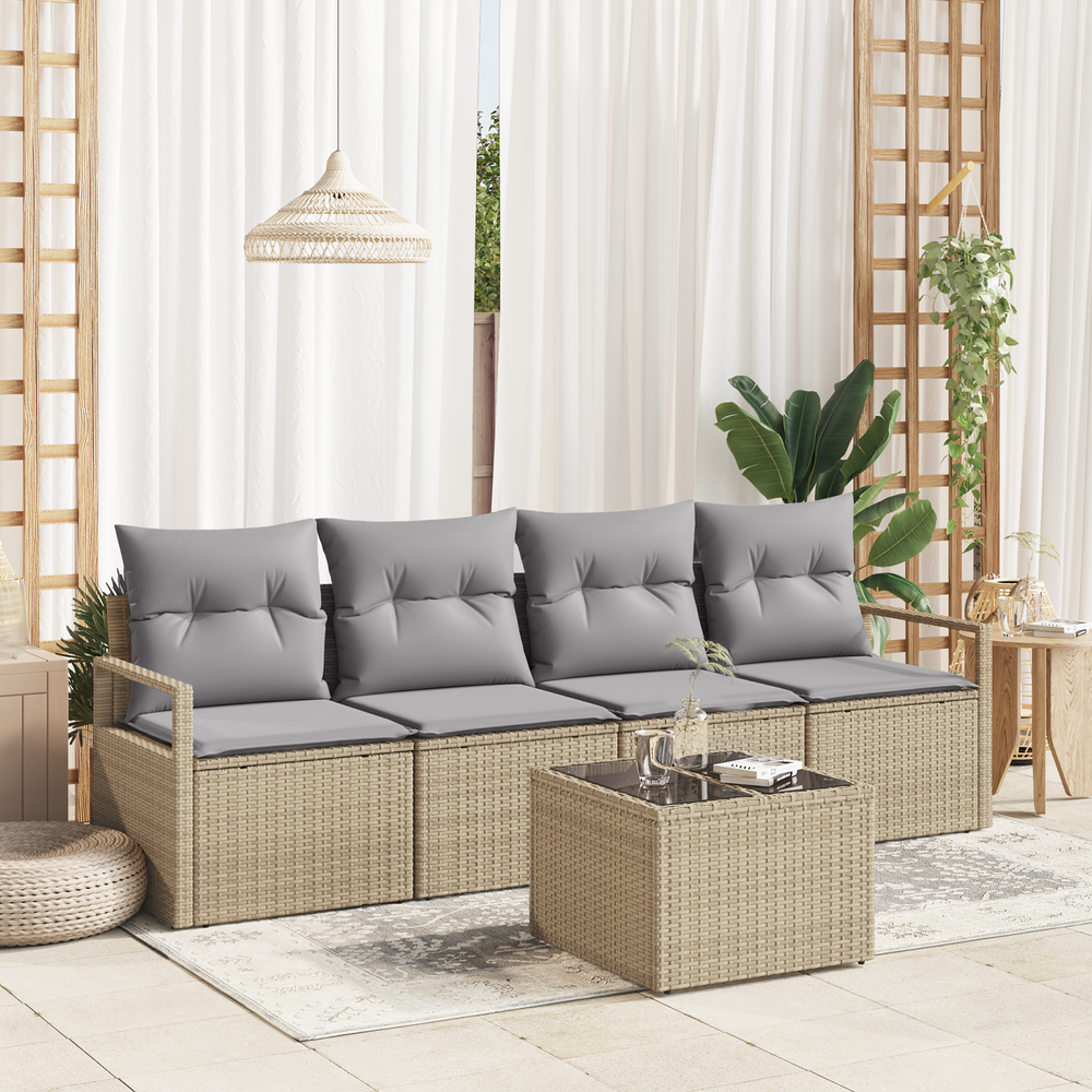 5-Piece Garden Sofa with Cushions Sand Poly Rattan