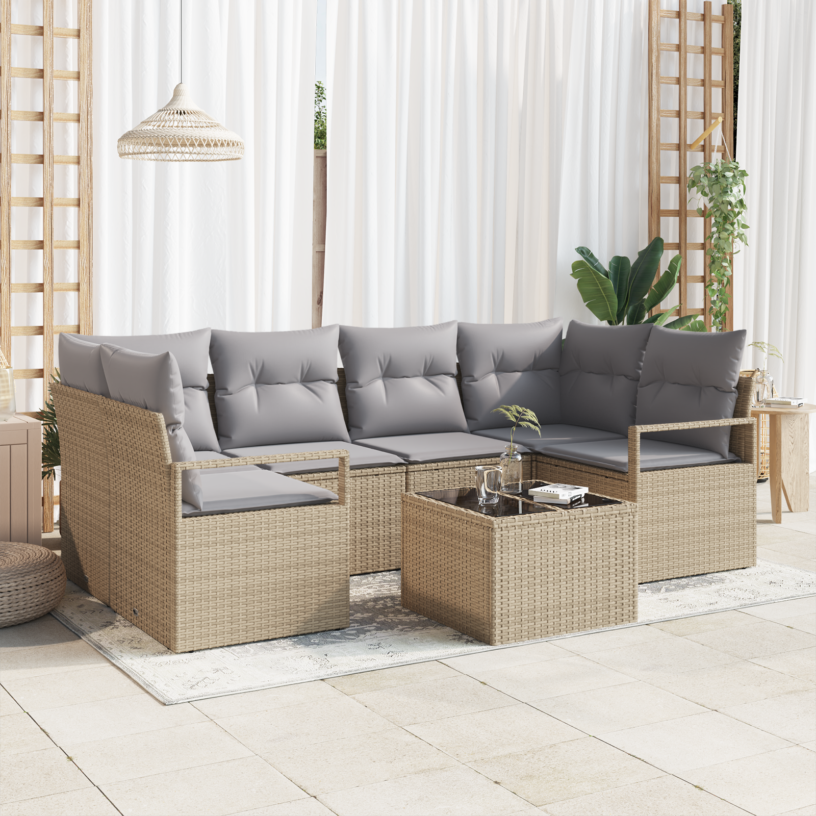 7 Dalių Sodo Sofa Komplektas su Pagalvėlėmis Smėlio Poli Ratanas