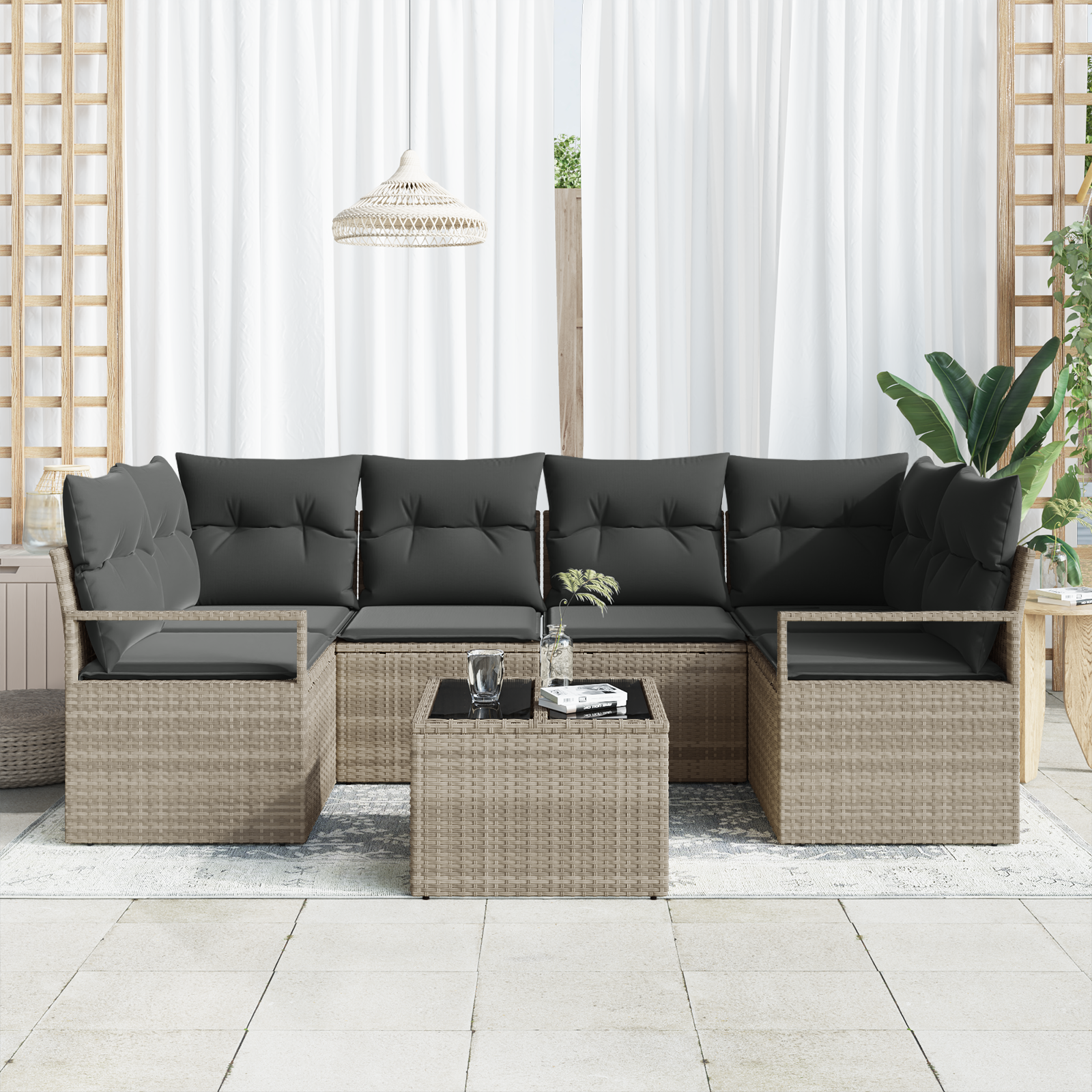 7 dalių sodo sofa rinkinys su pagalvėmis šviesiai pilka poliratanas