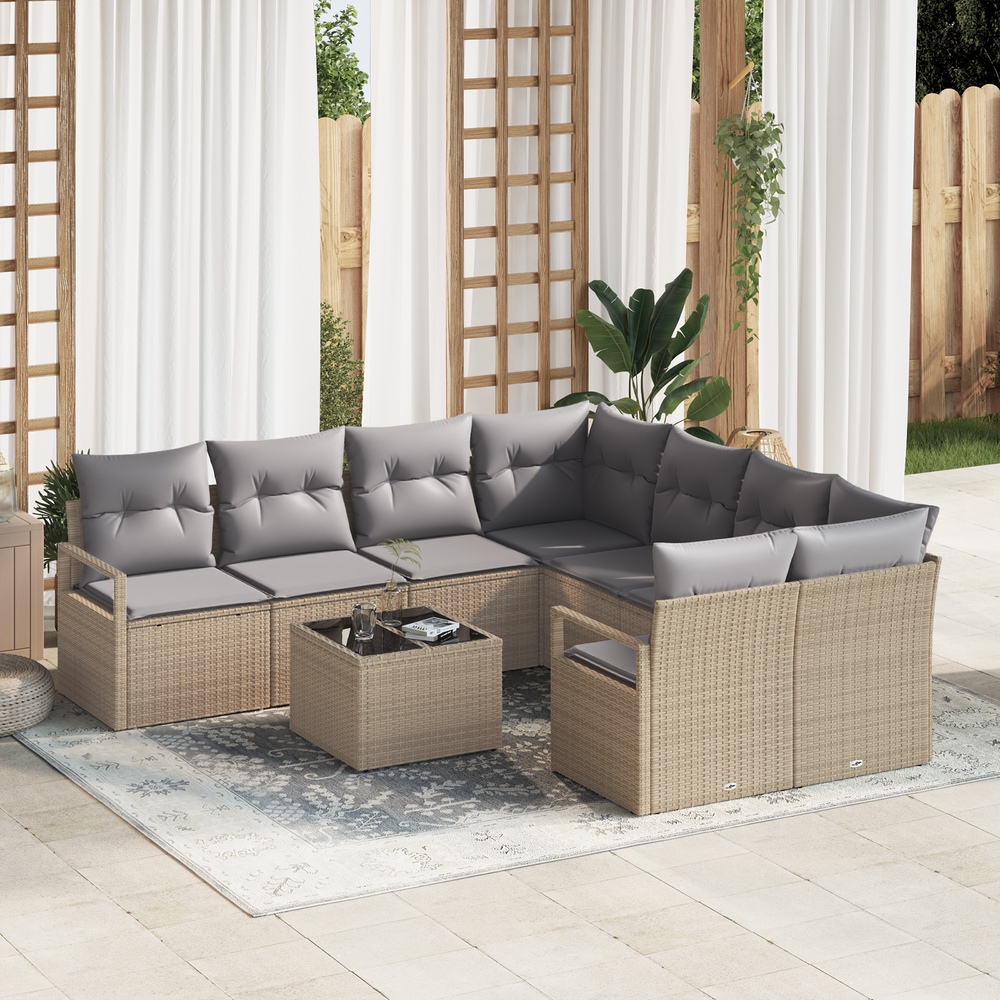 9-piece garden sofa with cushions Sand poly rattan