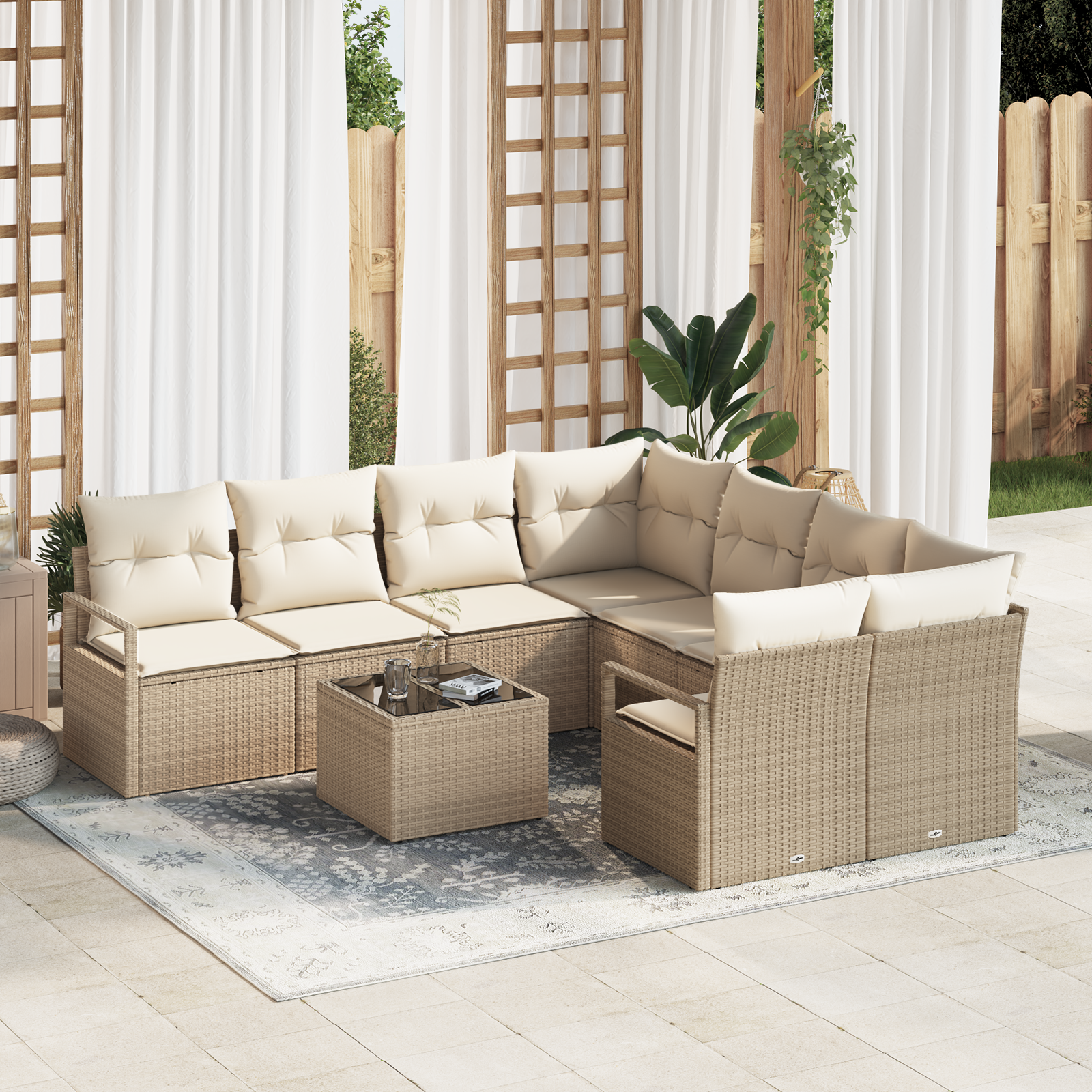 9 dalių sodo sofa komplektas su pagalvėlėmis Smėlio poli ratanas