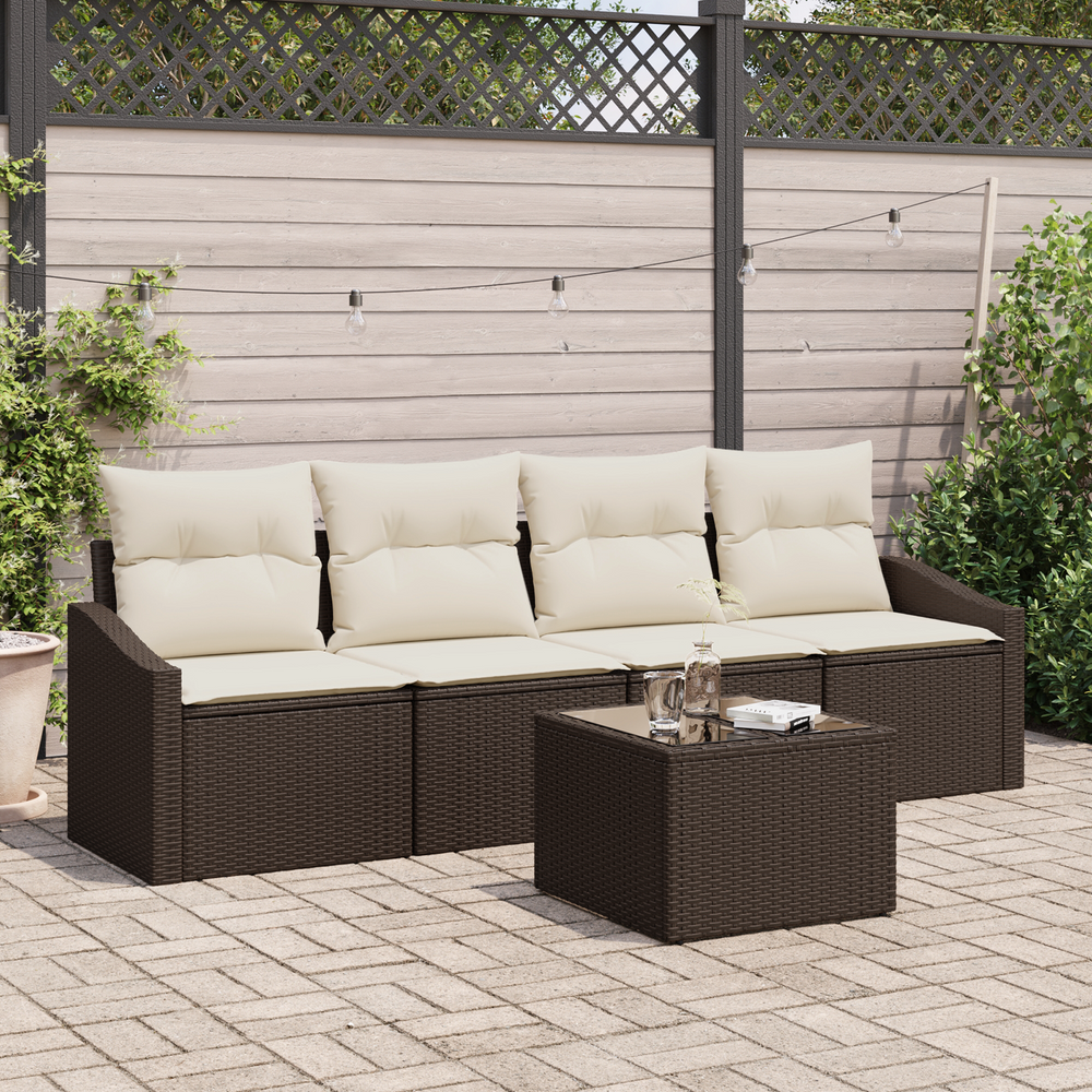 5-piece garden sofa set with cushions, brown poly rattan