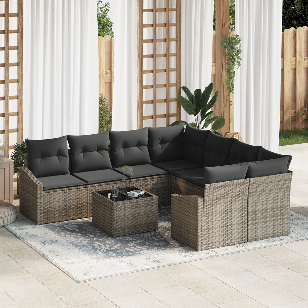 9-piece garden sofa set with cushions grey poly rattan