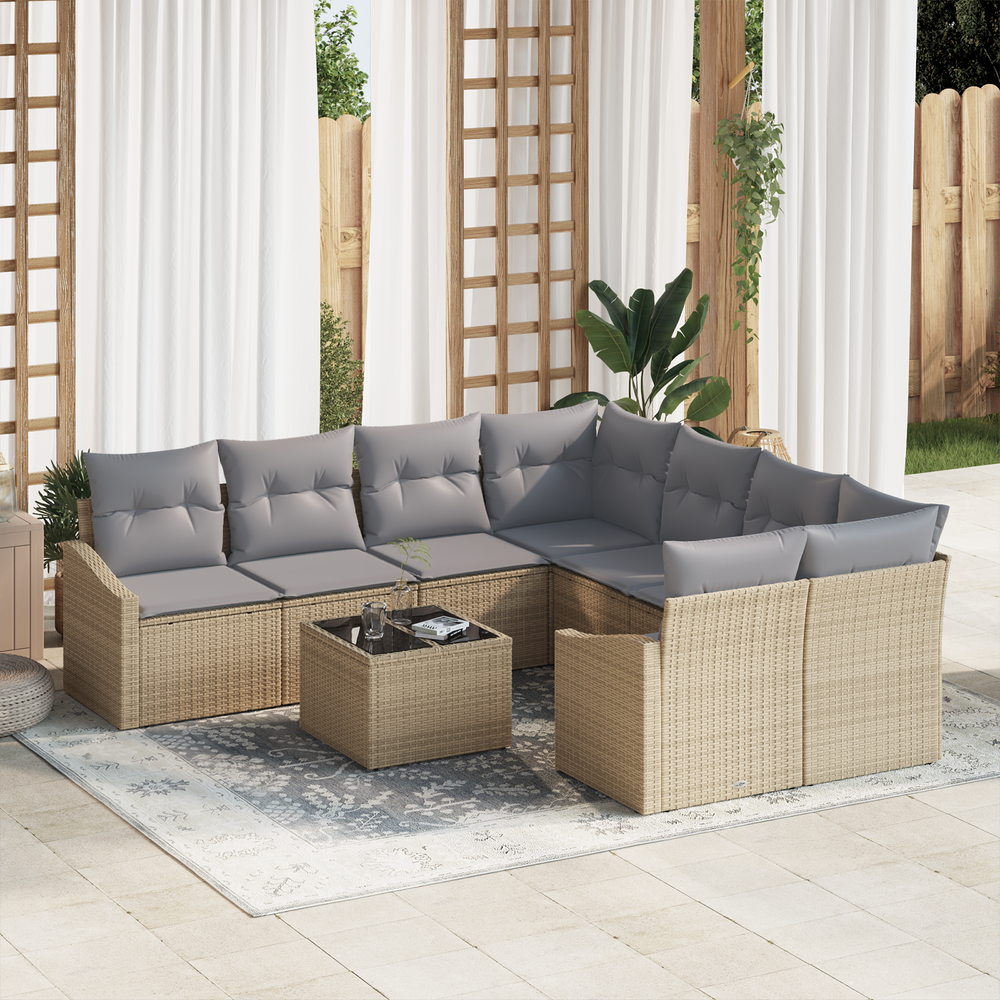 9 dalių Sodo sofa rinkinys su pagalvėlėmis smėlio poli ratanas
