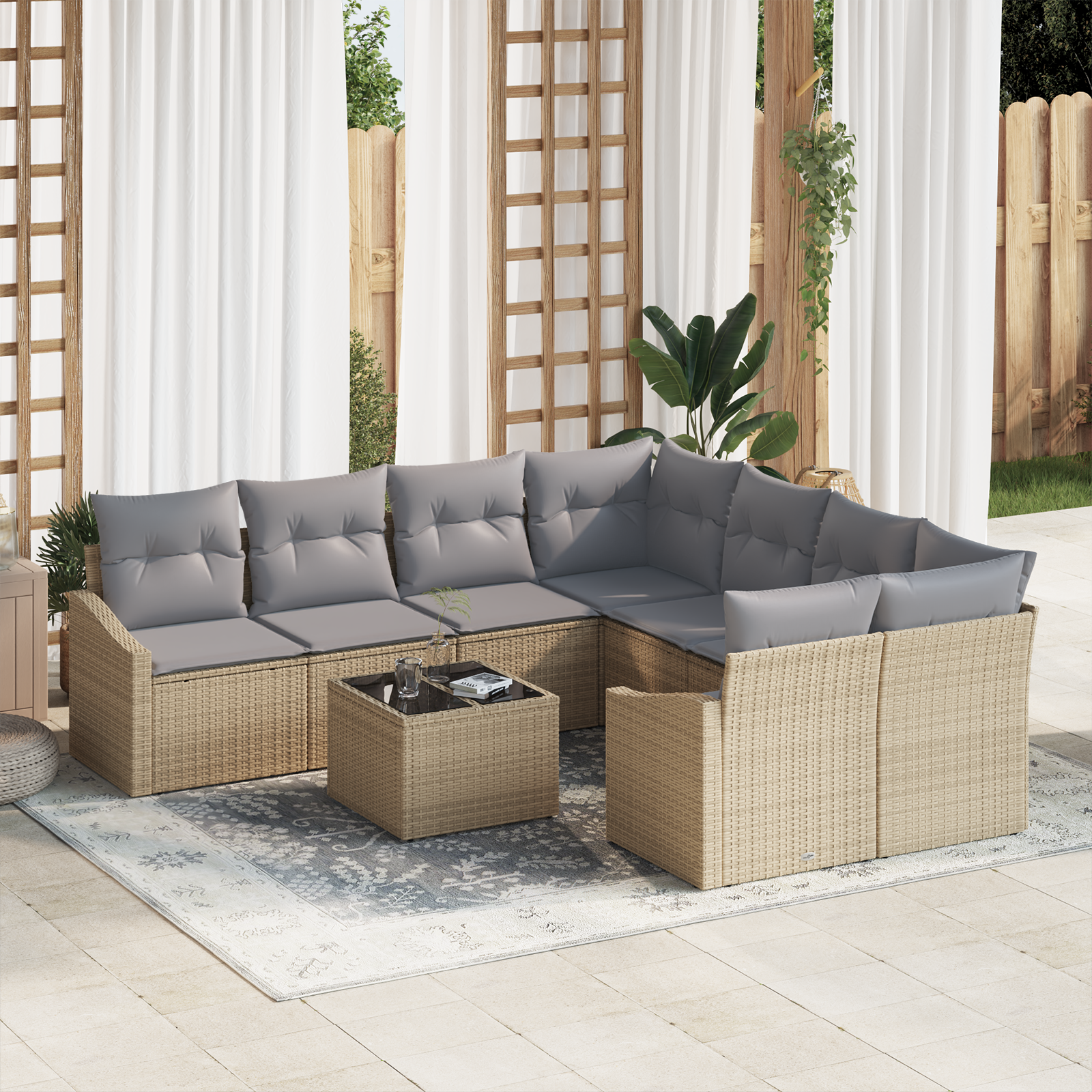 9 dalių Sodo sofa rinkinys su pagalvėlėmis smėlio poli ratanas