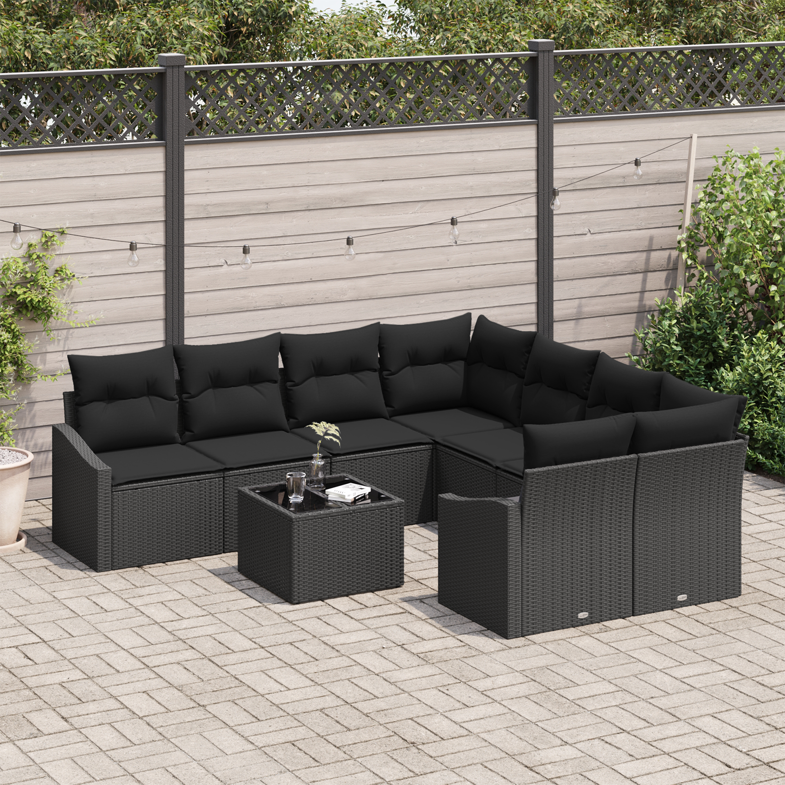 Sofos komplektas su pagalve su pagalve 9 pcs Juoda poliratanas