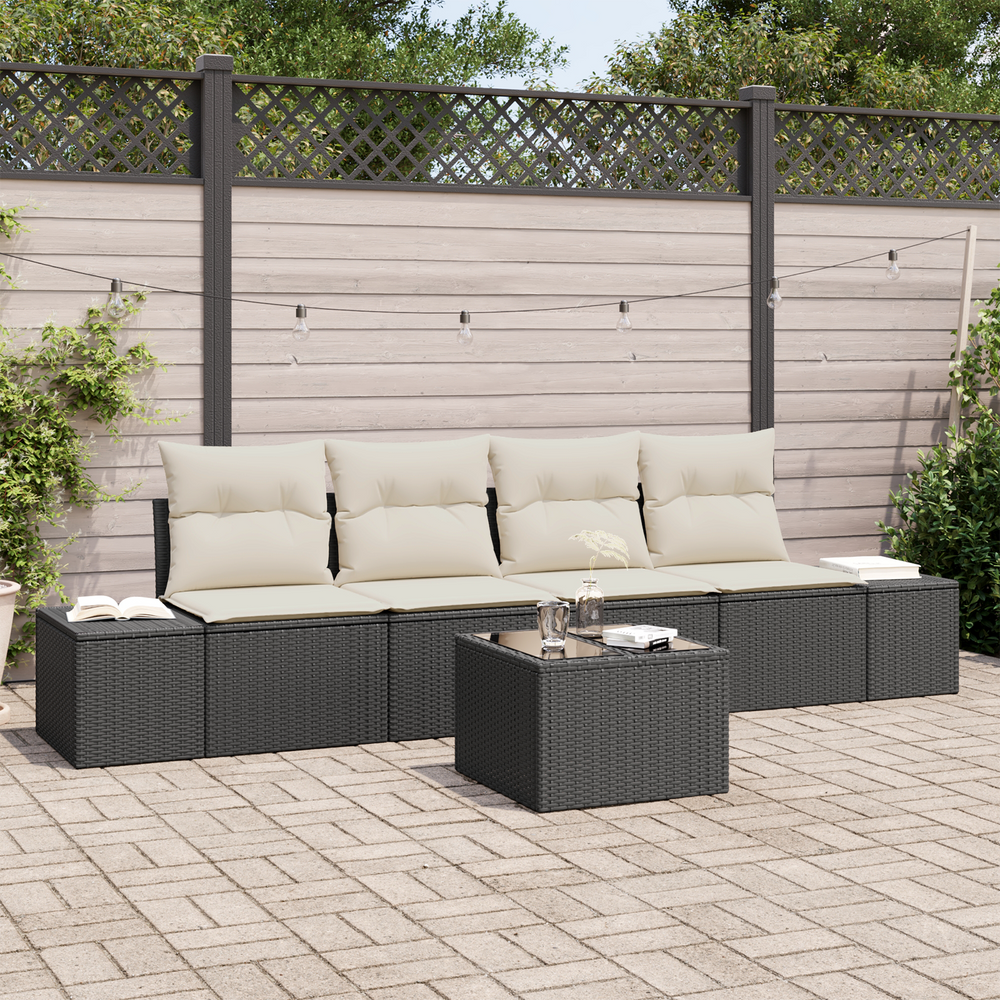 5 Piece Garden Sofa Set with Cushions Black Poly Rattan