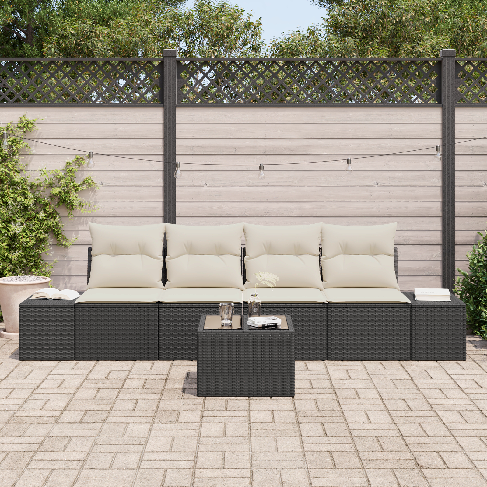 5 dalių sodo sofa rinkinys su pagalvėlėmis Juodas poli ratanas