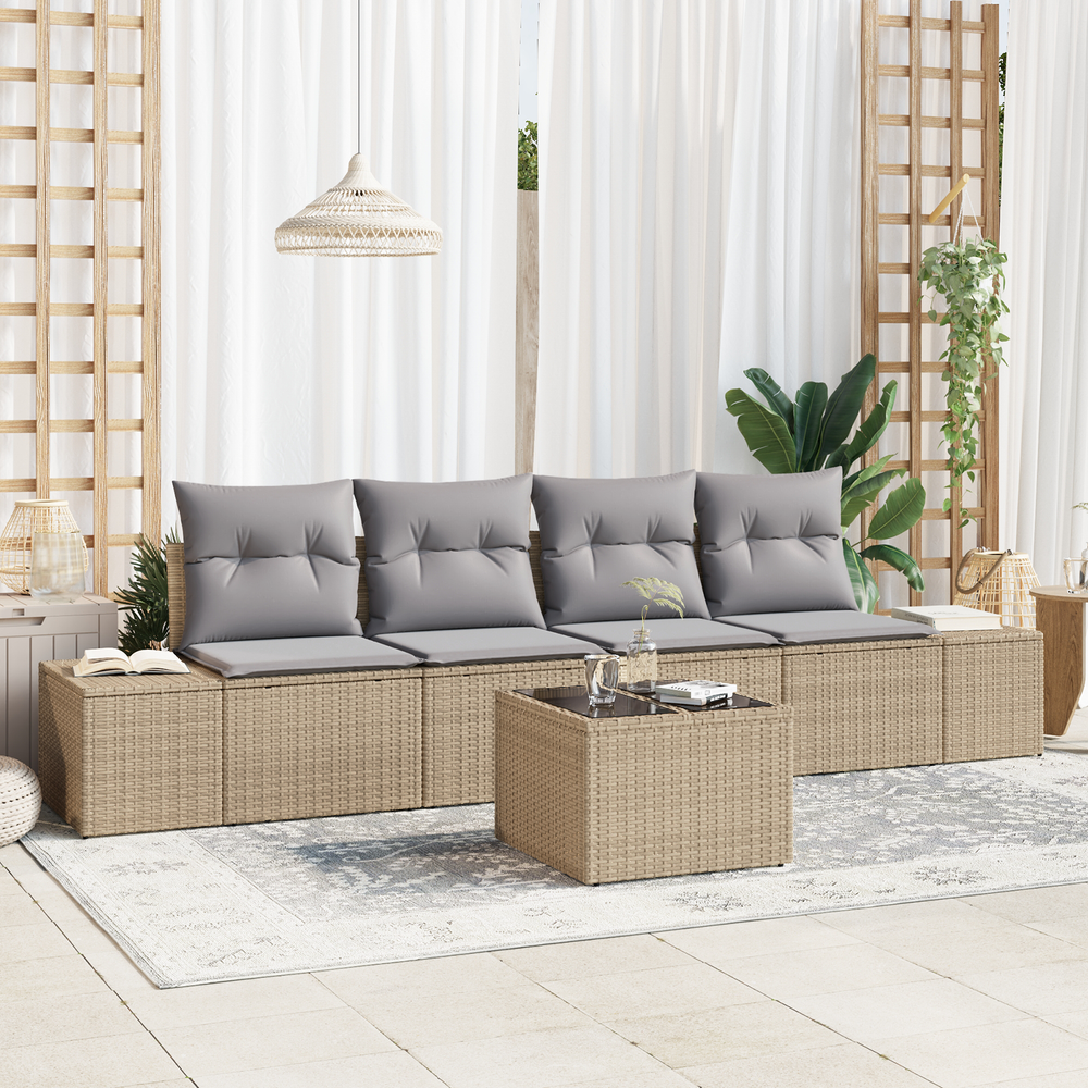 5 Piece Garden Sofa Set with Cushions Beige Poly Rattan