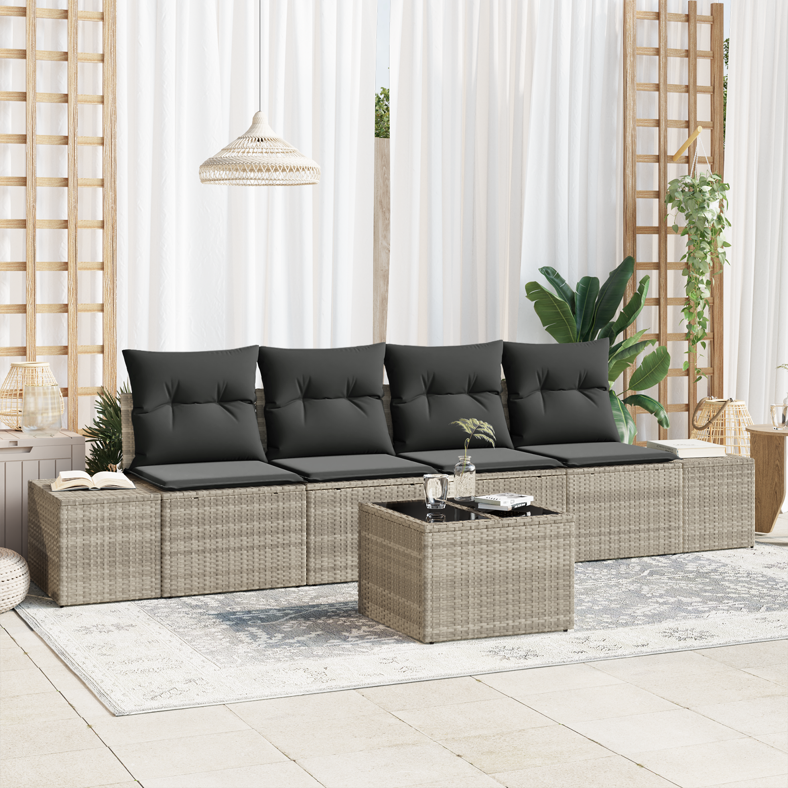 5 Dalių Sodo Sofa Komplektas su Pagalvėlėmis Šviesiai Pilkas Poli Ratanas