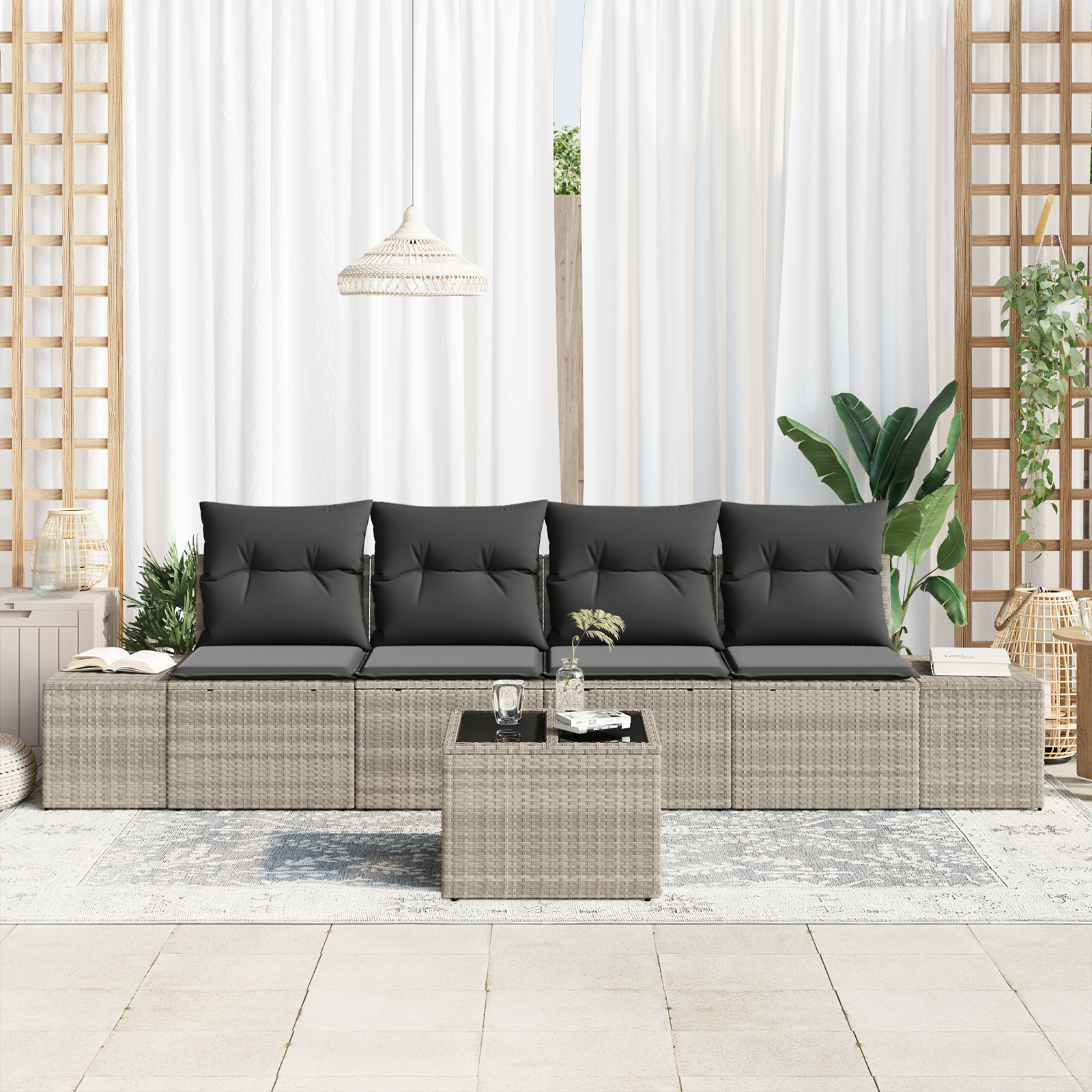 5 Dalių Sodo Sofa Komplektas su Pagalvėlėmis Šviesiai Pilkas Poli Ratanas