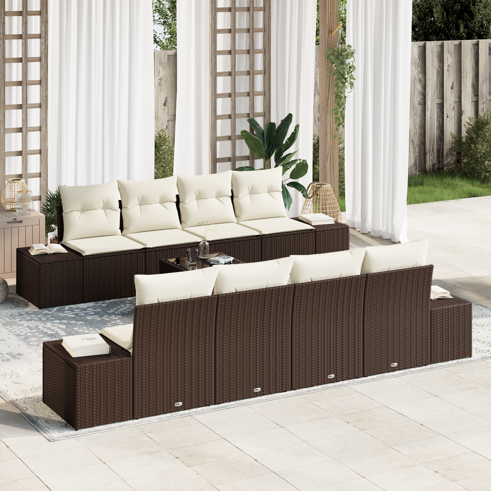 9-piece garden sofa set with cushions, brown poly rattan