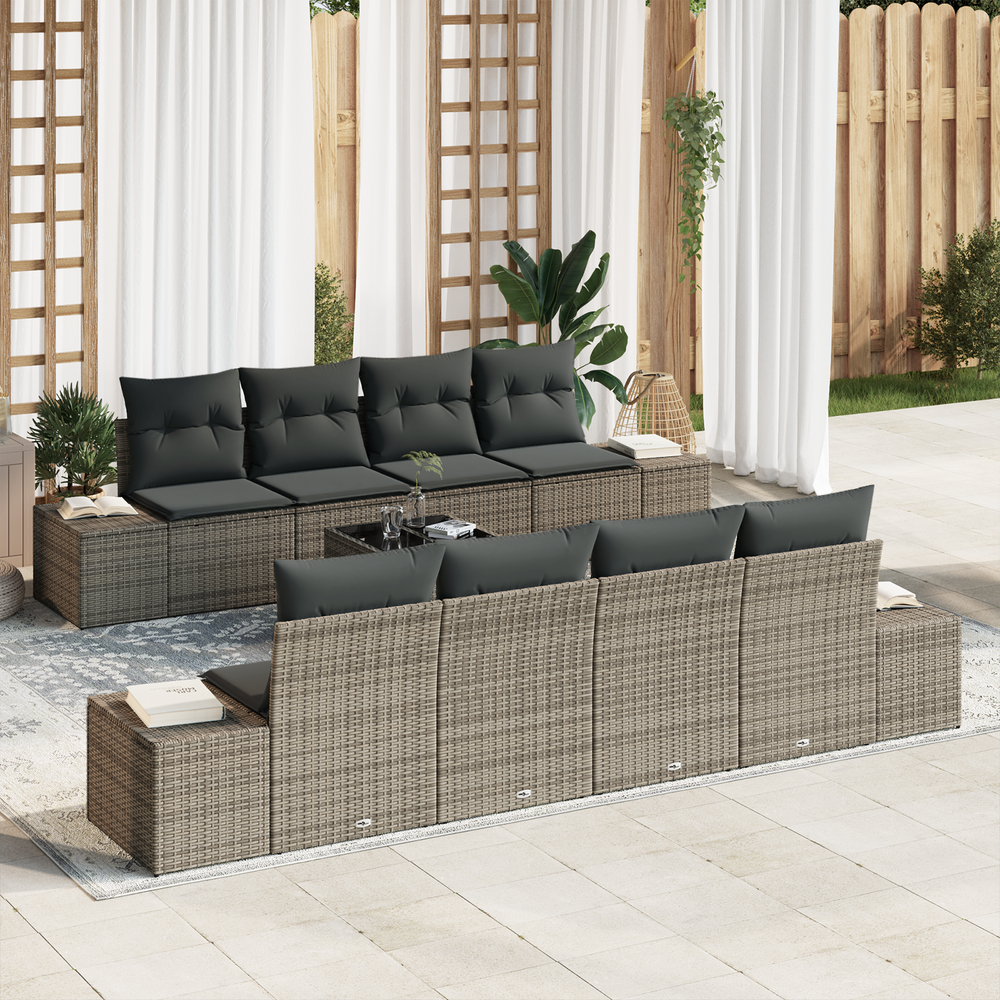9-piece garden sofa set with cushions, grey poly rattan