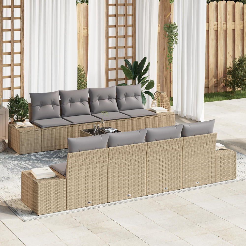 9-piece garden sofa set with cushions, sand, poly rattan