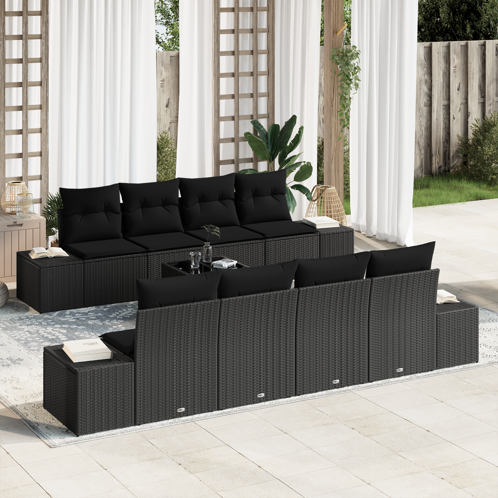 Sodo Sofų Rinkinys su pagalve 7 pcs Juoda poliratanas