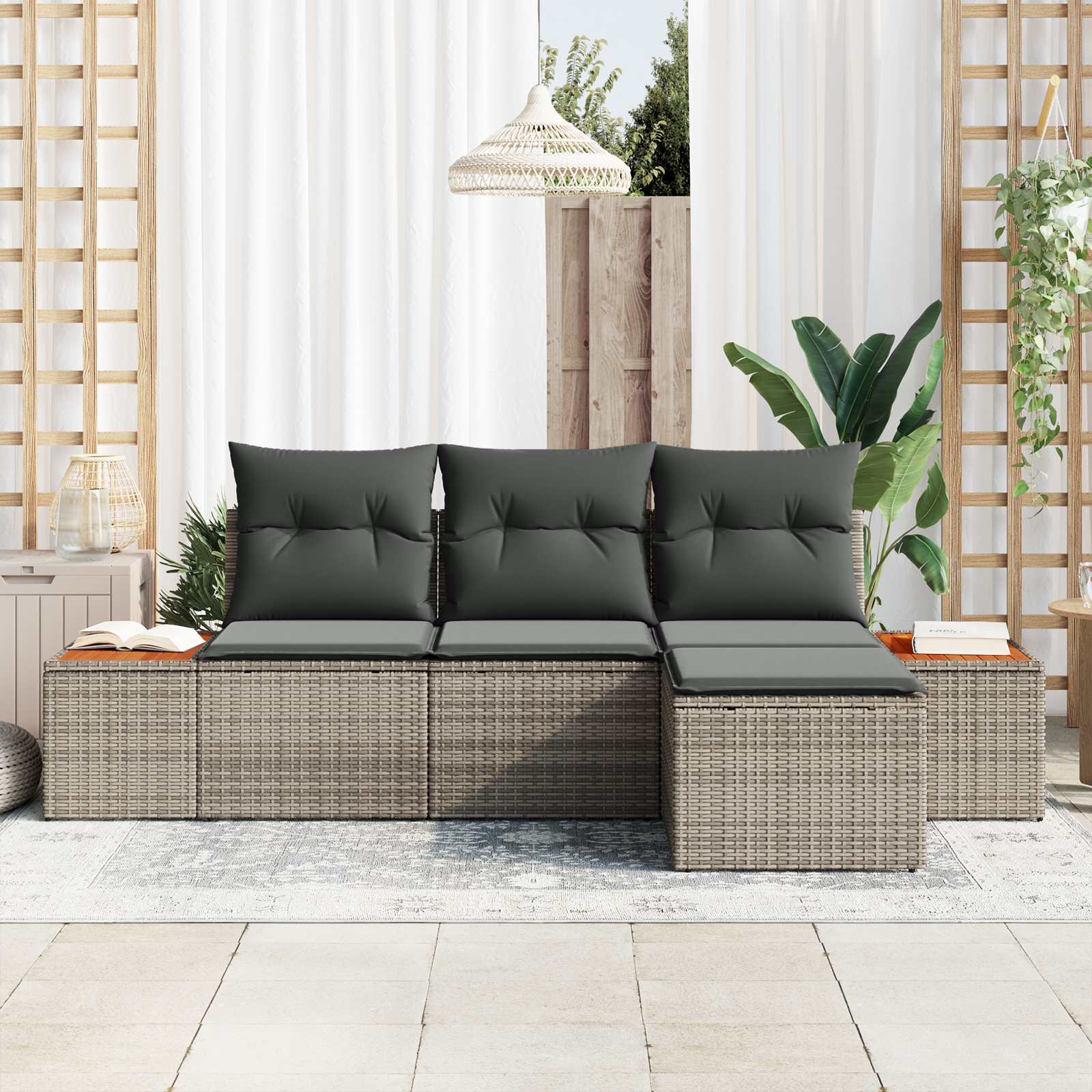 4 Dalių Sodo Sofa Komplektas su Pagalvėlėmis Pilka Poli Ratanas Akacija