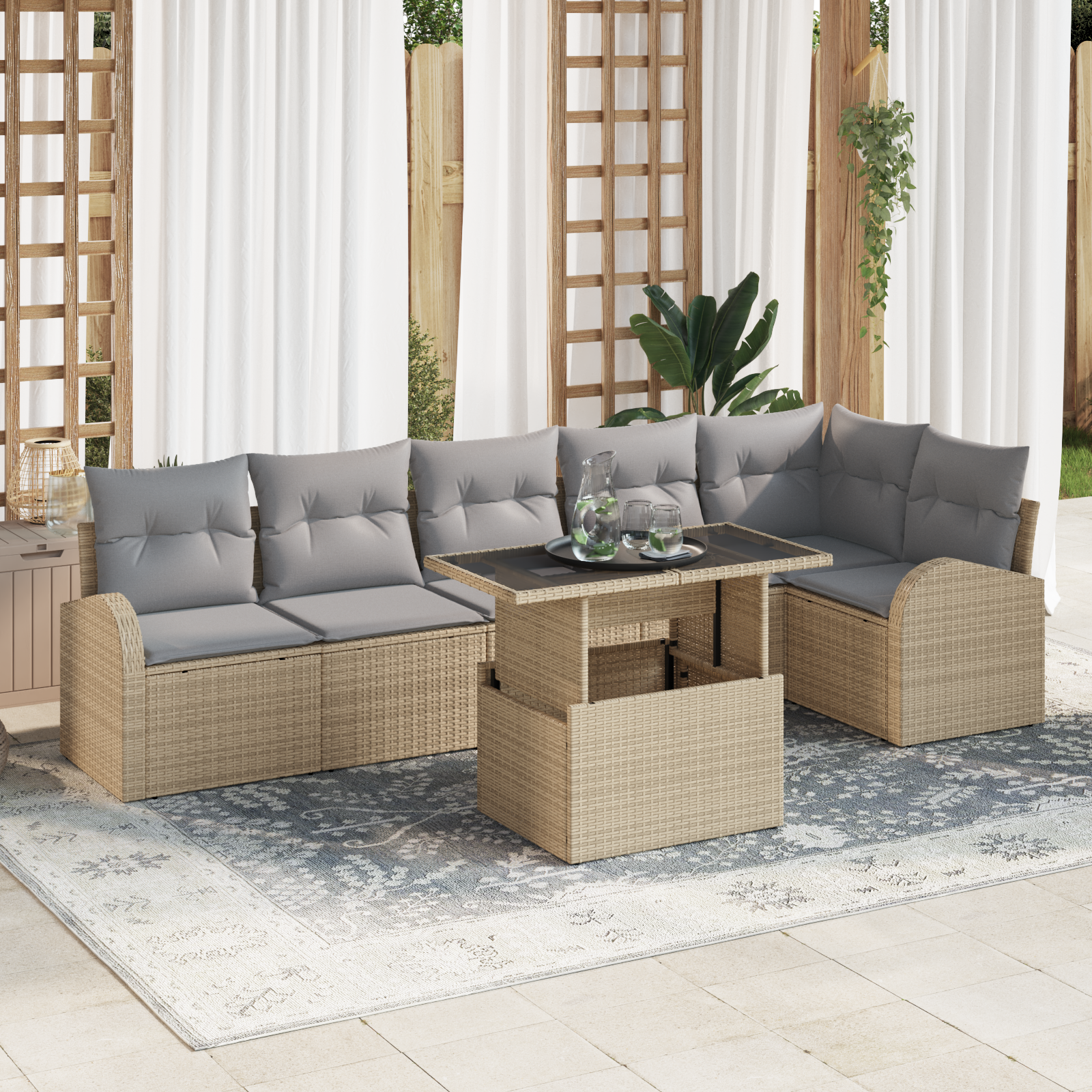 7 dalių sodo sofa rinkinys su pagalvėlėmis smėlio spalvos poli ratanas
