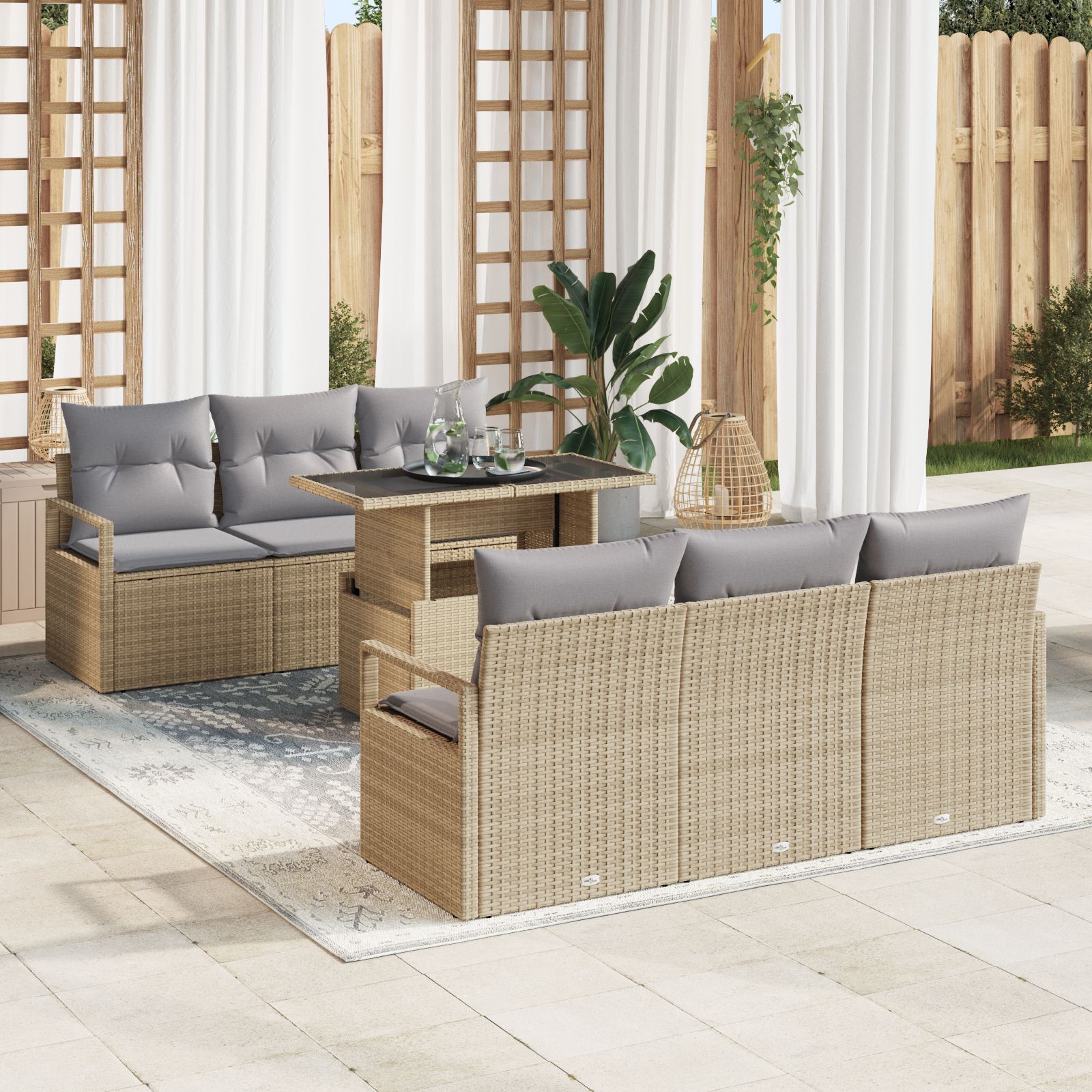 7 dalių sodo sofų komplektas su pagalvėlėmis, šviesiai smėlio spalvos poli rattan