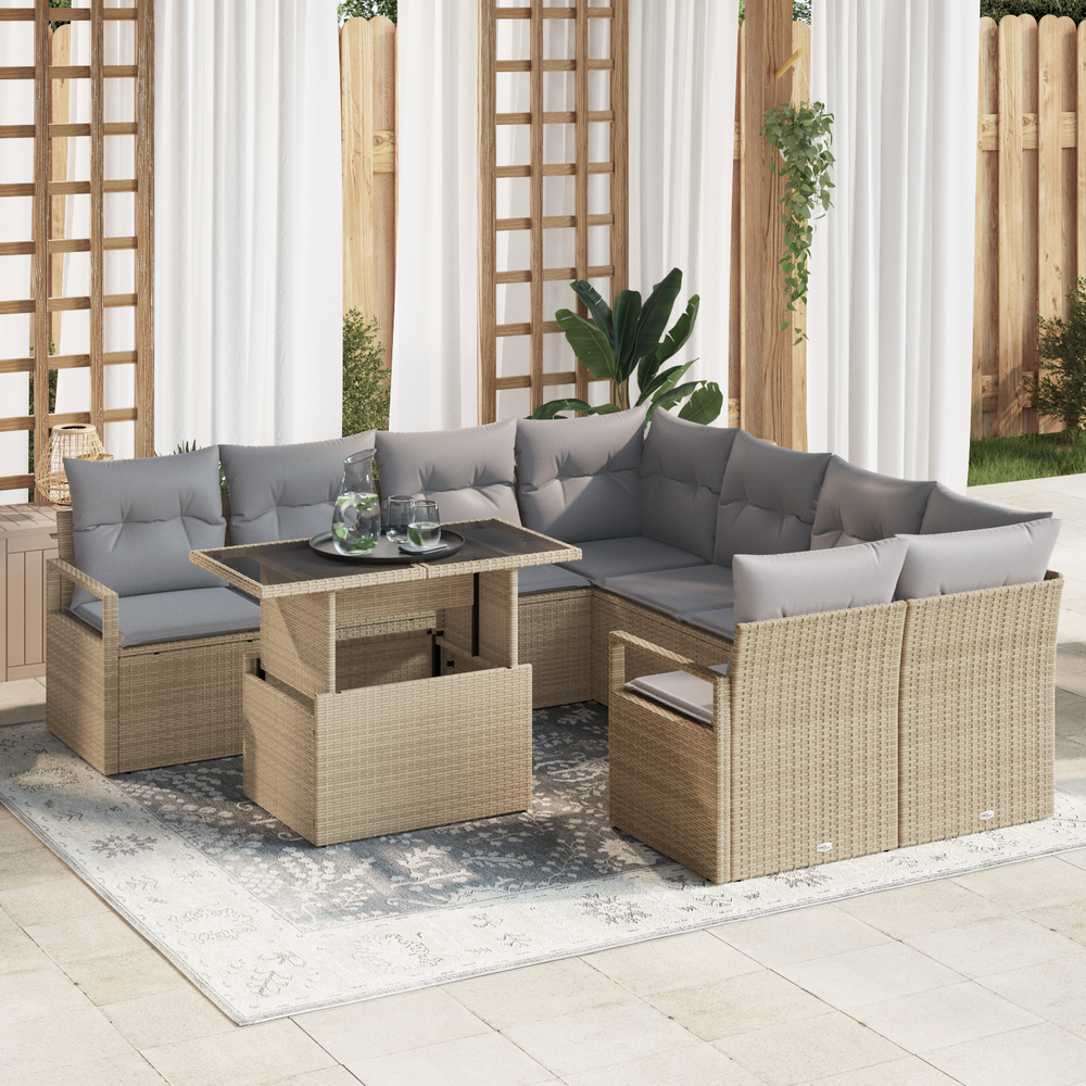 9-piece Outdoor Sofa Set with Cushions, Sand Poly Rattan