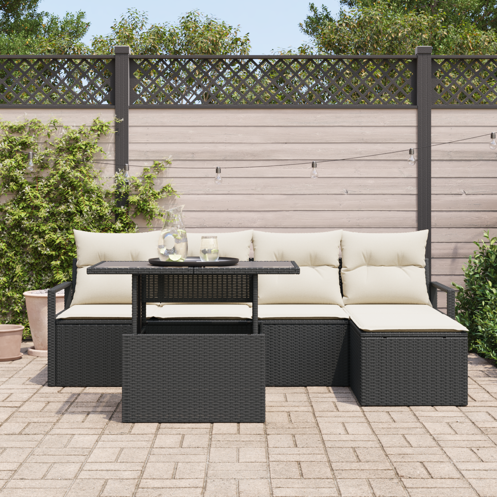 Sodo Sofų Rinkinys su pagalve 6 pcs Juoda ir kreminė